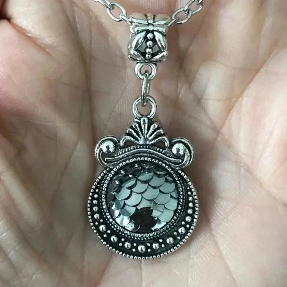 Mermaid Scale Beach Iridescent Round Circle Pendant Stainless Steel Necklace 5